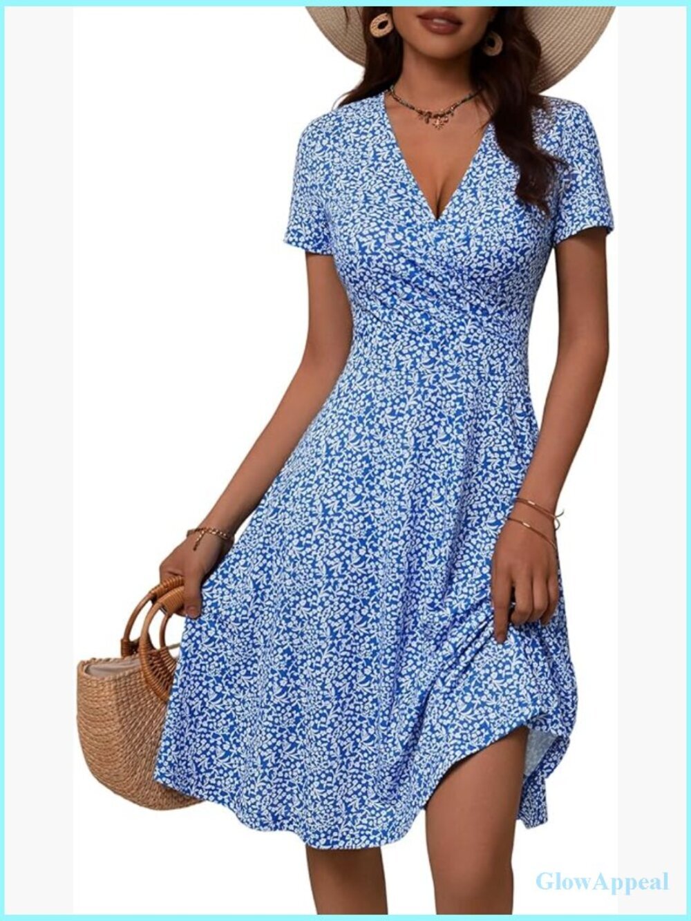 Womens Wrap V Neck Midi Sundress Floral Short Sleeve A-Line